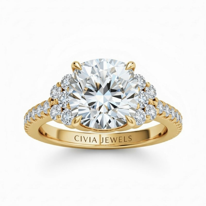 Yellow Gold Cushion Cut Engagement Ring With Diamond Cluster Side Accents And Pavé Band