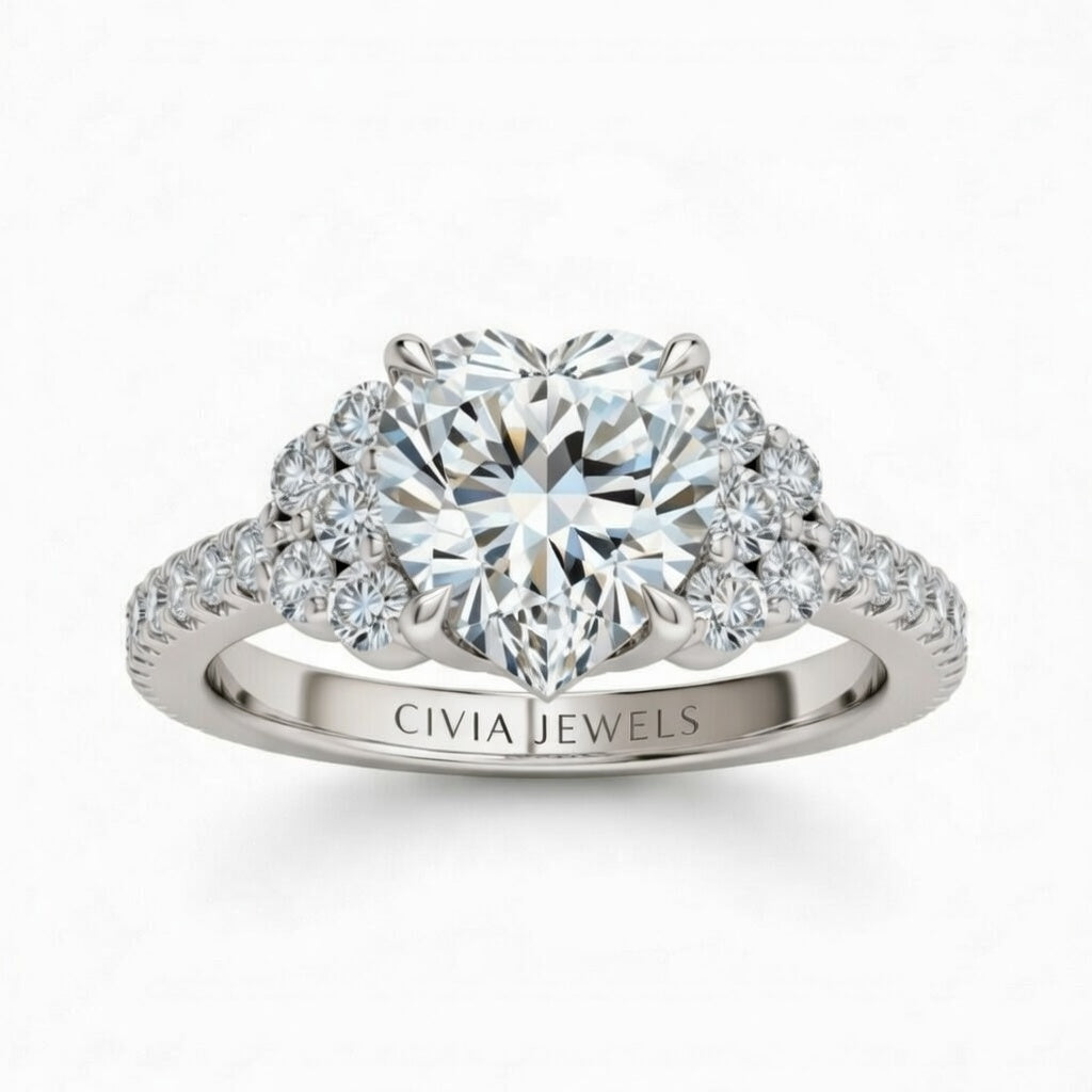 Silver Heart Cut Engagement Ring With Diamond Cluster Side Accents And Pavé Band