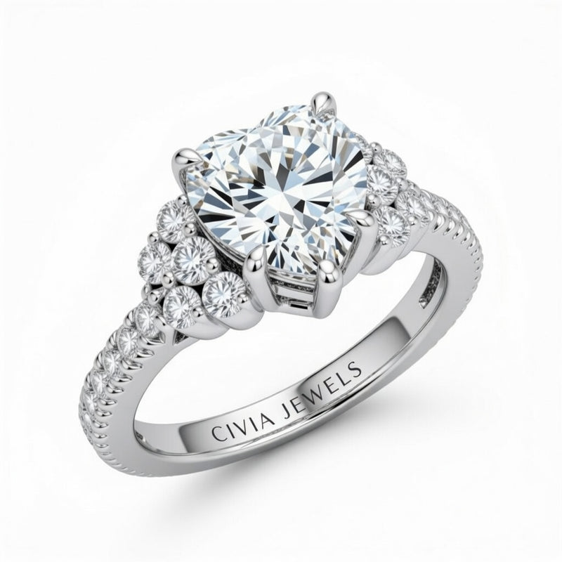 Silver Heart Cut Engagement Ring With Diamond Cluster Side Accents And Pavé Band