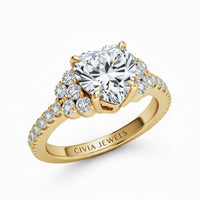Yellow Gold Heart Cut Engagement Ring With Diamond Cluster Side Accents And Pavé Band