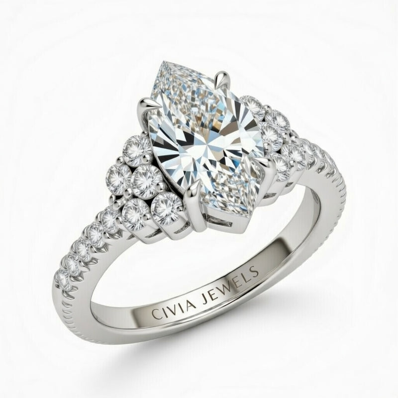 Silver Marquise Cut Engagement Ring With Diamond Cluster Side Accents And Pavé Band