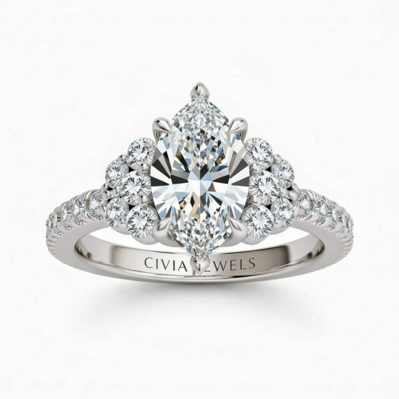 Silver Marquise Cut Engagement Ring With Diamond Cluster Side Accents And Pavé Band