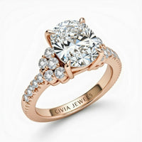 Rose Gold Oval Cut Engagement Ring With Diamond Cluster Side Accents And Pavé Band