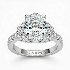 White Gold Oval Cut Engagement Ring With Diamond Cluster Side Accents And Pavé Band