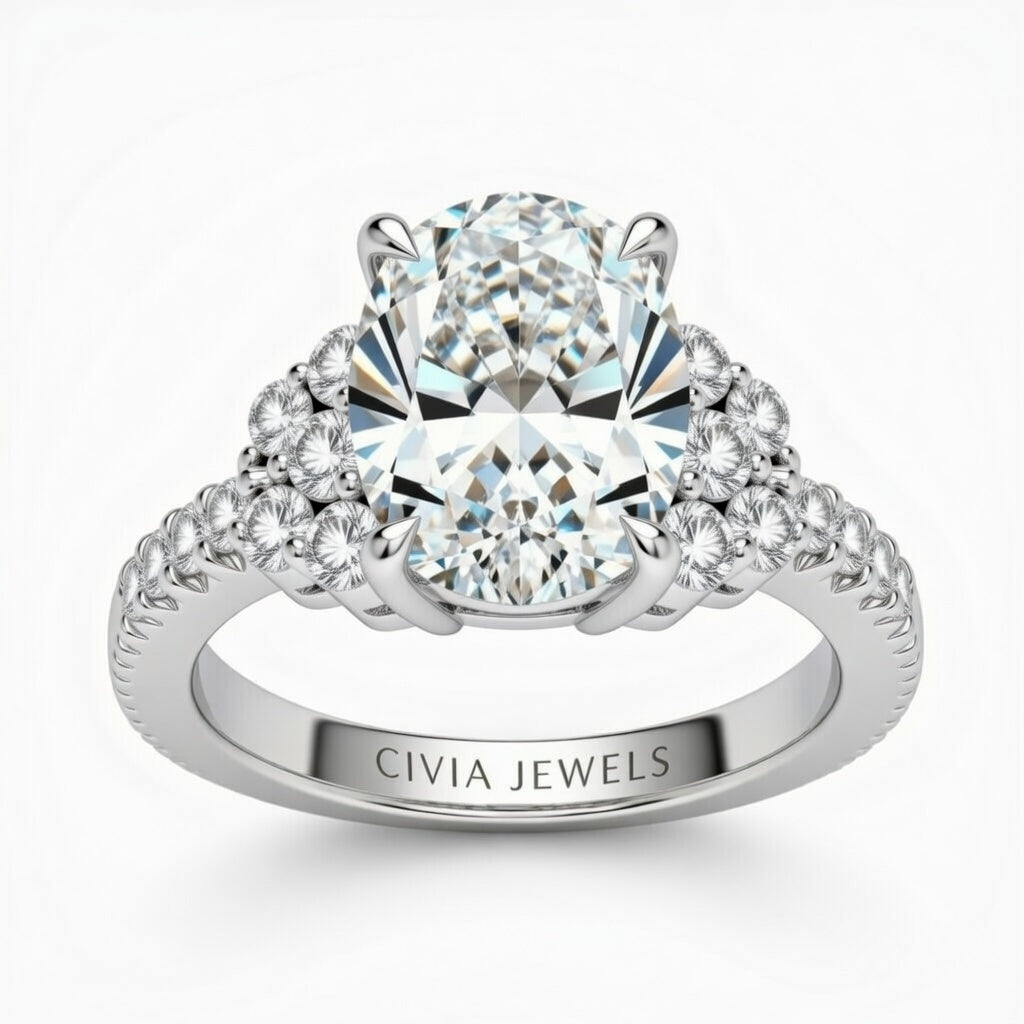 Silver Oval Cut Engagement Ring With Diamond Cluster Side Accents And Pavé Band