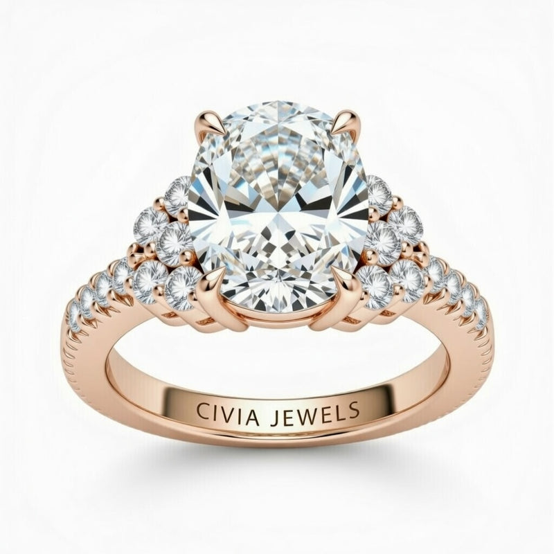 Rose Gold Oval Cut Engagement Ring With Diamond Cluster Side Accents And Pavé Band