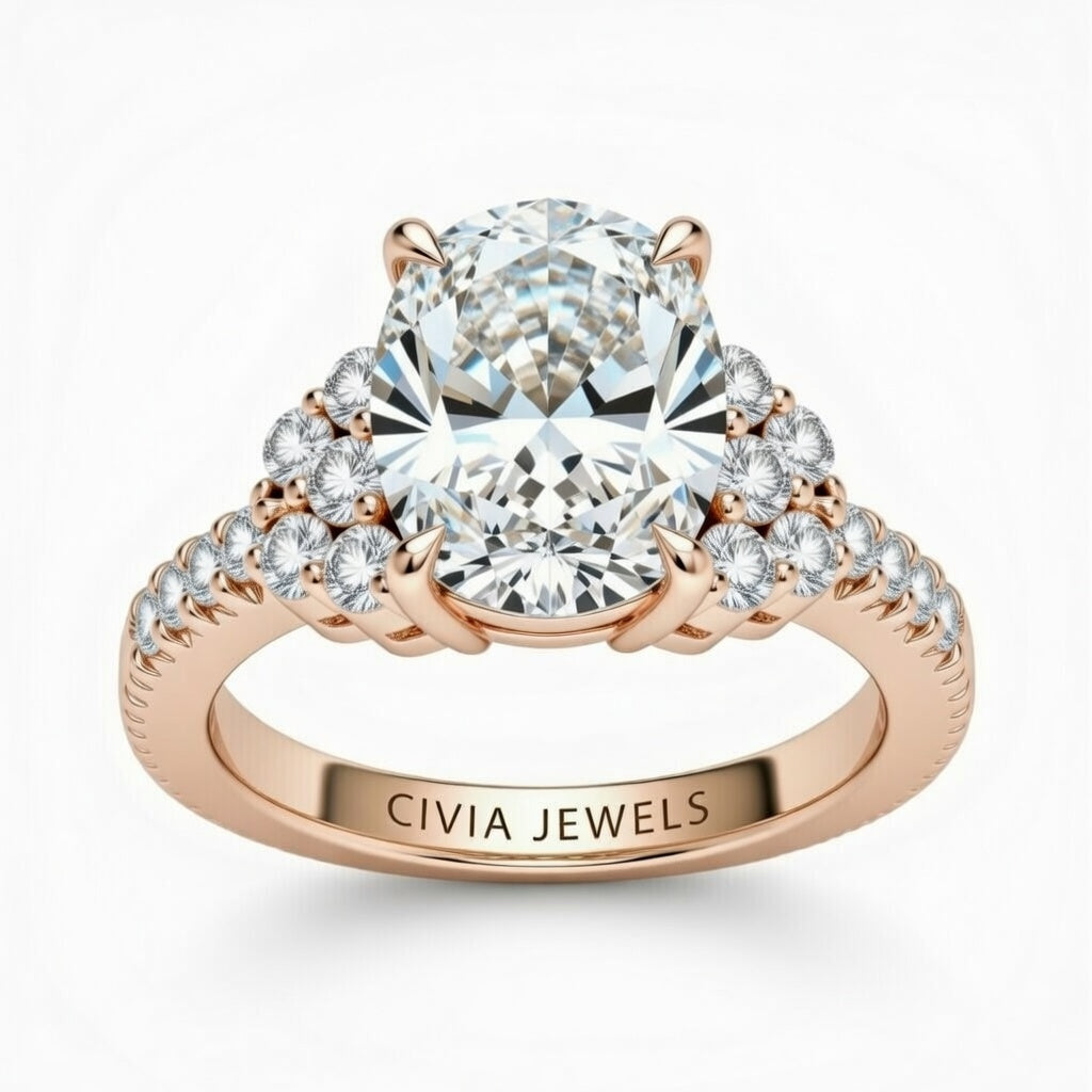 Rose Gold Oval Cut Engagement Ring With Diamond Cluster Side Accents And Pavé Band