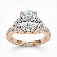 Rose Gold Oval Cut Engagement Ring With Diamond Cluster Side Accents And Pavé Band