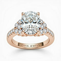 Rose Gold Oval Cut Engagement Ring With Diamond Cluster Side Accents And Pavé Band