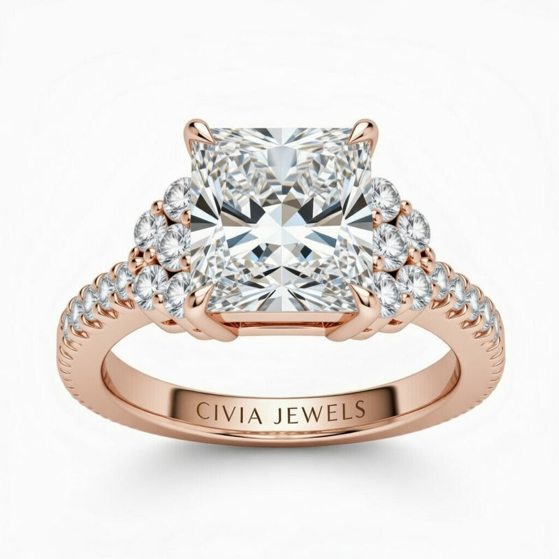 Rose Gold Princess Cut Engagement Ring With Diamond Cluster Side Accents And Pavé Band