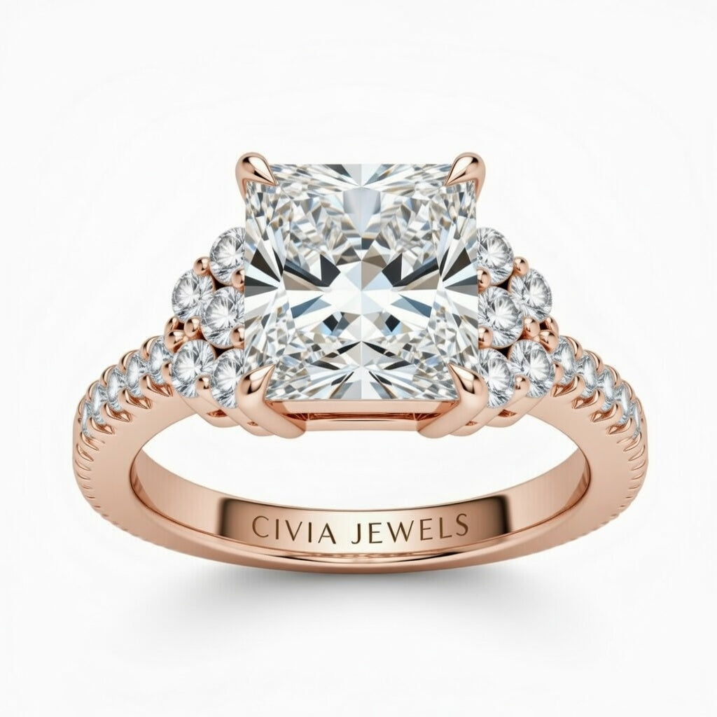 Rose Gold Princess Cut Engagement Ring With Diamond Cluster Side Accents And Pavé Band
