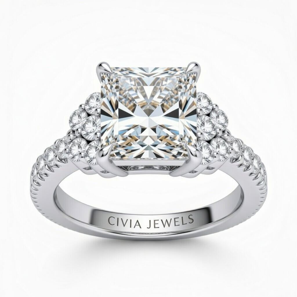 White Gold Princess Cut Engagement Ring With Diamond Cluster Side Accents And Pavé Band