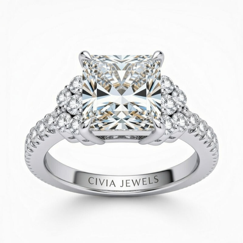 Silver Princess Cut Engagement Ring With Diamond Cluster Side Accents And Pavé Band