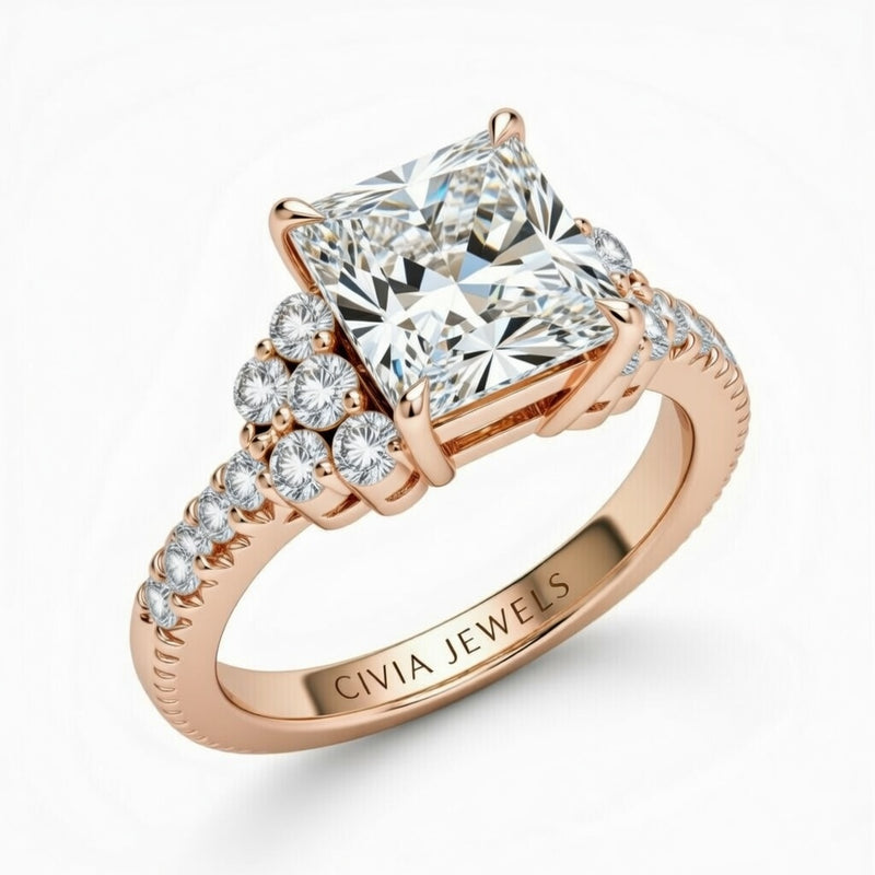 Rose Gold Princess Cut Engagement Ring With Diamond Cluster Side Accents And Pavé Band