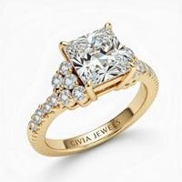 Yellow Gold Princess Cut Engagement Ring With Diamond Cluster Side Accents And Pavé Band