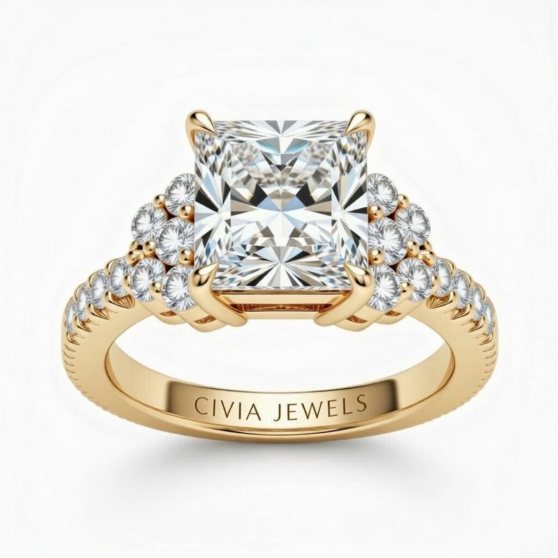 Yellow Gold Princess Cut Engagement Ring With Diamond Cluster Side Accents And Pavé Band