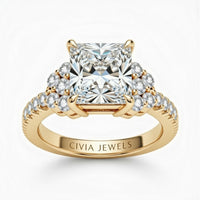 Yellow Gold Princess Cut Engagement Ring With Diamond Cluster Side Accents And Pavé Band