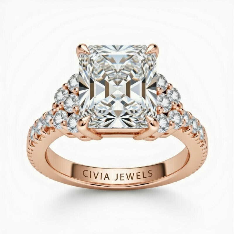 Rose Gold Radiant Cut Engagement Ring With Diamond Cluster Side Accents And Pavé Band