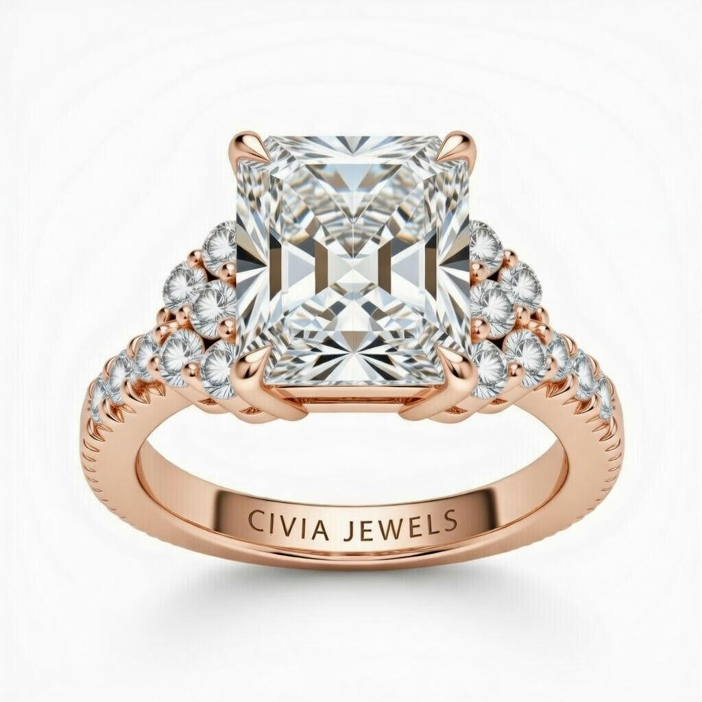Rose Gold Radiant Cut Engagement Ring With Diamond Cluster Side Accents And Pavé Band