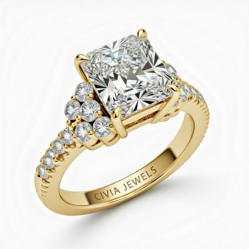 Yellow Gold Radiant Cut Engagement Ring With Diamond Cluster Side Accents And Pavé Band