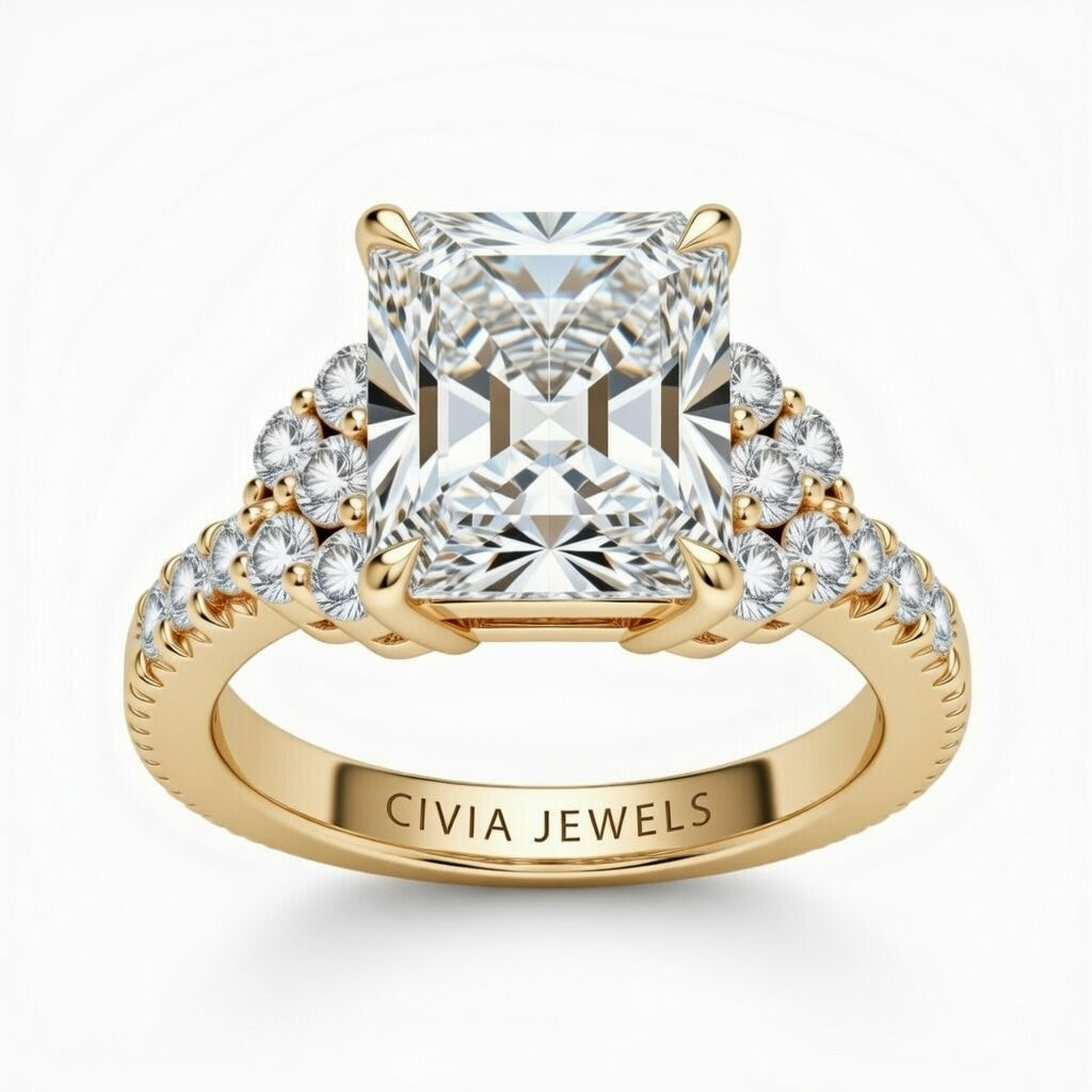 Yellow Gold Radiant Cut Engagement Ring With Diamond Cluster Side Accents And Pavé Band