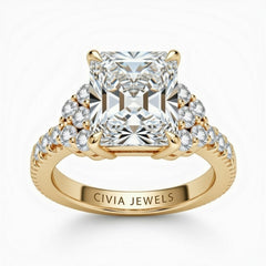 Yellow Gold Radiant Cut Engagement Ring With Diamond Cluster Side Accents And Pavé Band