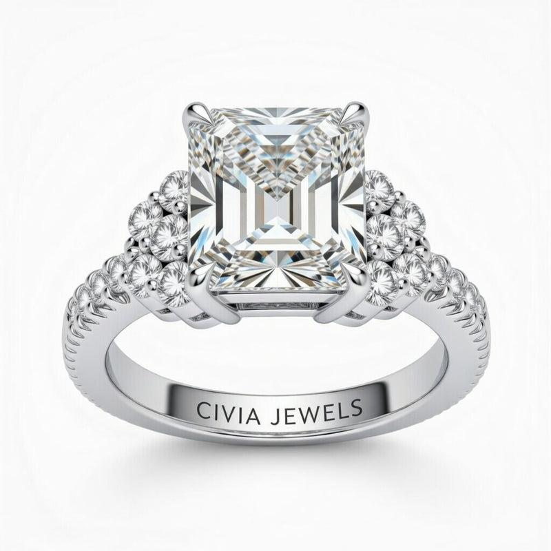 Silver Radiant Cut Engagement Ring With Diamond Cluster Side Accents And Pavé Band