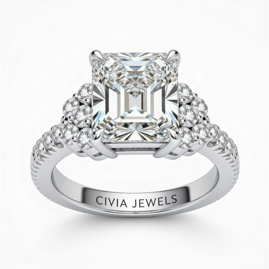 Silver Radiant Cut Engagement Ring With Diamond Cluster Side Accents And Pavé Band