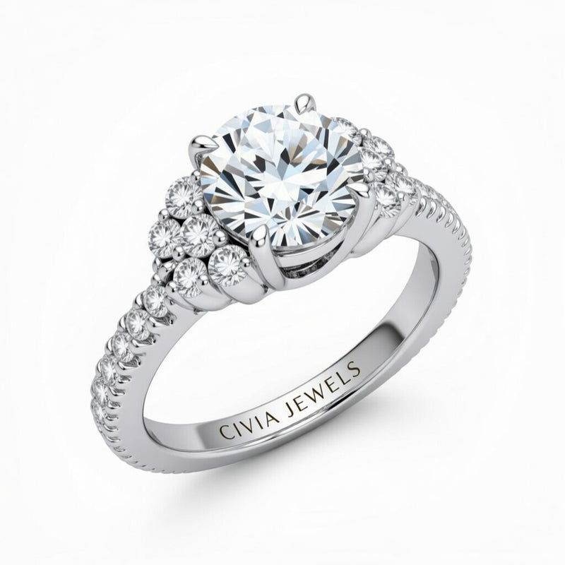 Silver Round Cut Engagement Ring With Diamond Cluster Side Accents And Pavé Band