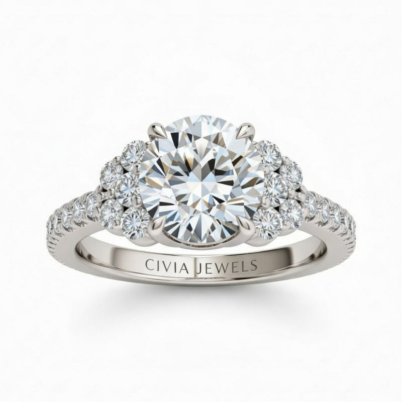 Silver Round Cut Engagement Ring With Diamond Cluster Side Accents And Pavé Band