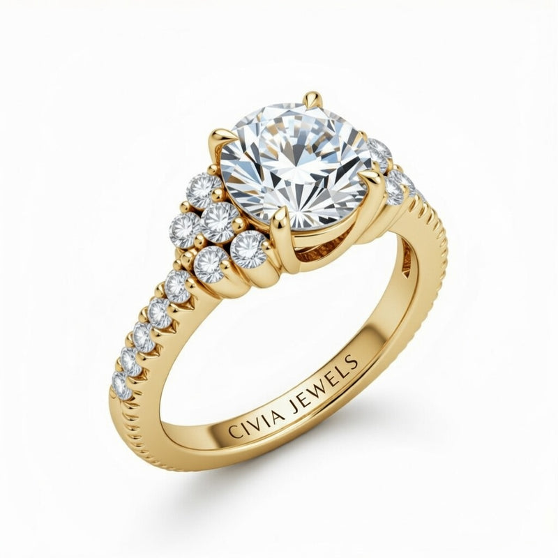 Yellow Gold Round Cut Engagement Ring With Diamond Cluster Side Accents And Pavé Band
