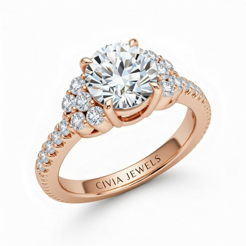Rose Gold Round Cut Engagement Ring With Diamond Cluster Side Accents And Pavé Band