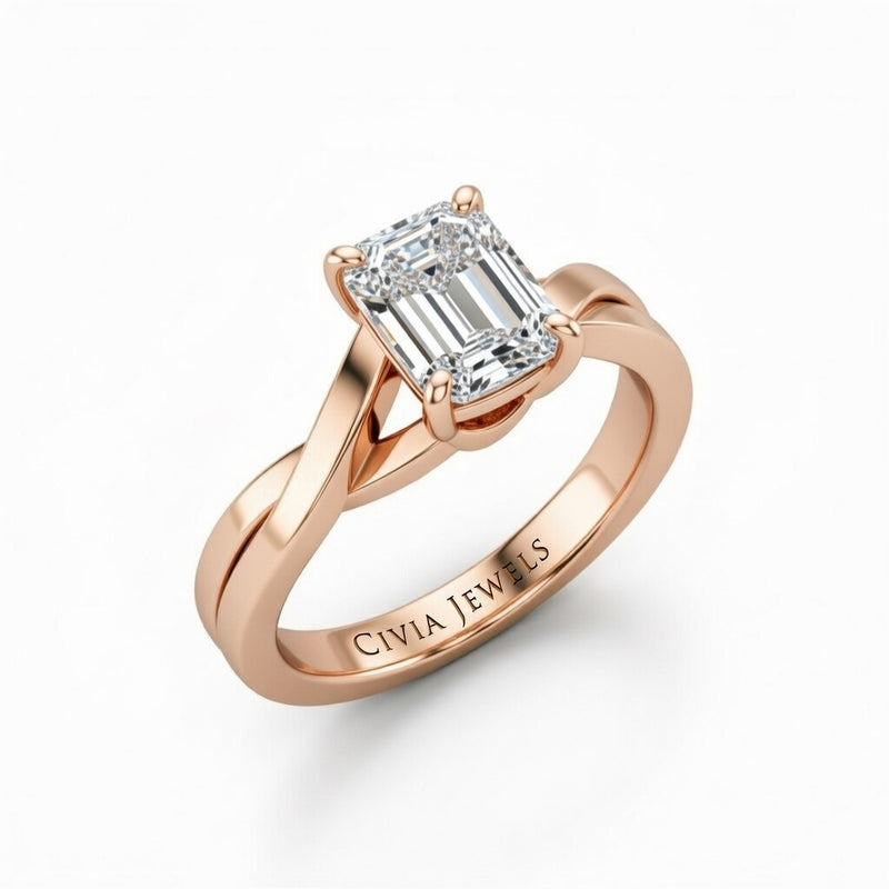 Rose Gold Emerald Brilliant Solitaire Engagement Ring With Elegant Split Twist Shank