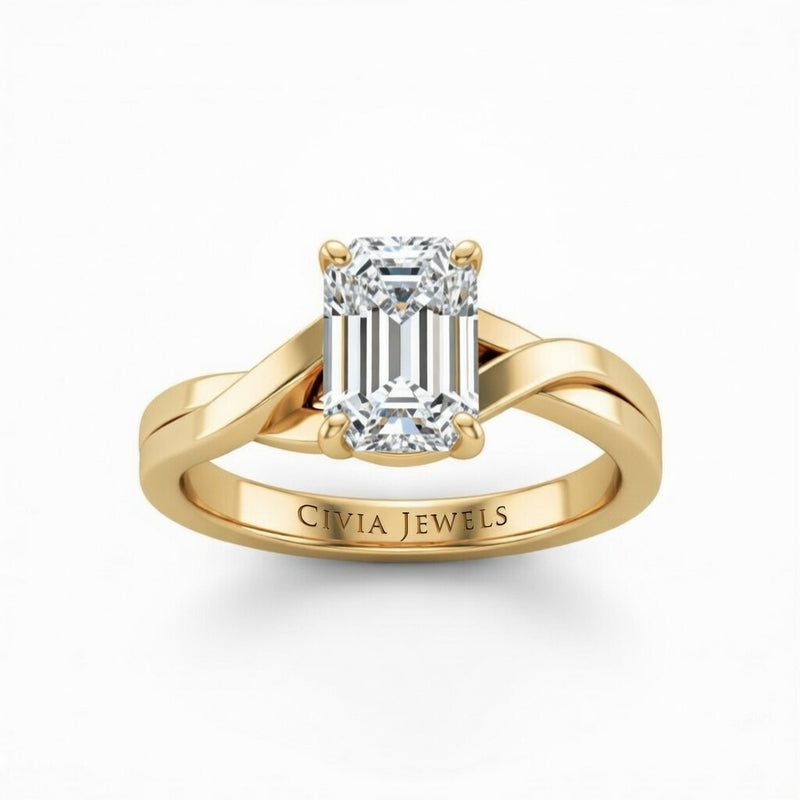 Yellow Gold Emerald Brilliant Solitaire Engagement Ring With Elegant Split Twist Shank
