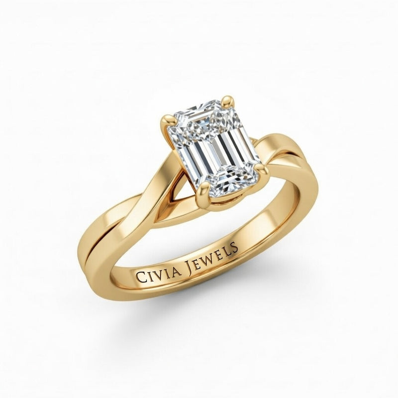 Yellow Gold Emerald Brilliant Solitaire Engagement Ring With Elegant Split Twist Shank