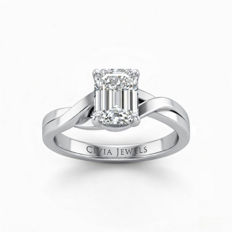 Silver Emerald Brilliant Solitaire Engagement Ring With Elegant Split Twist Shank