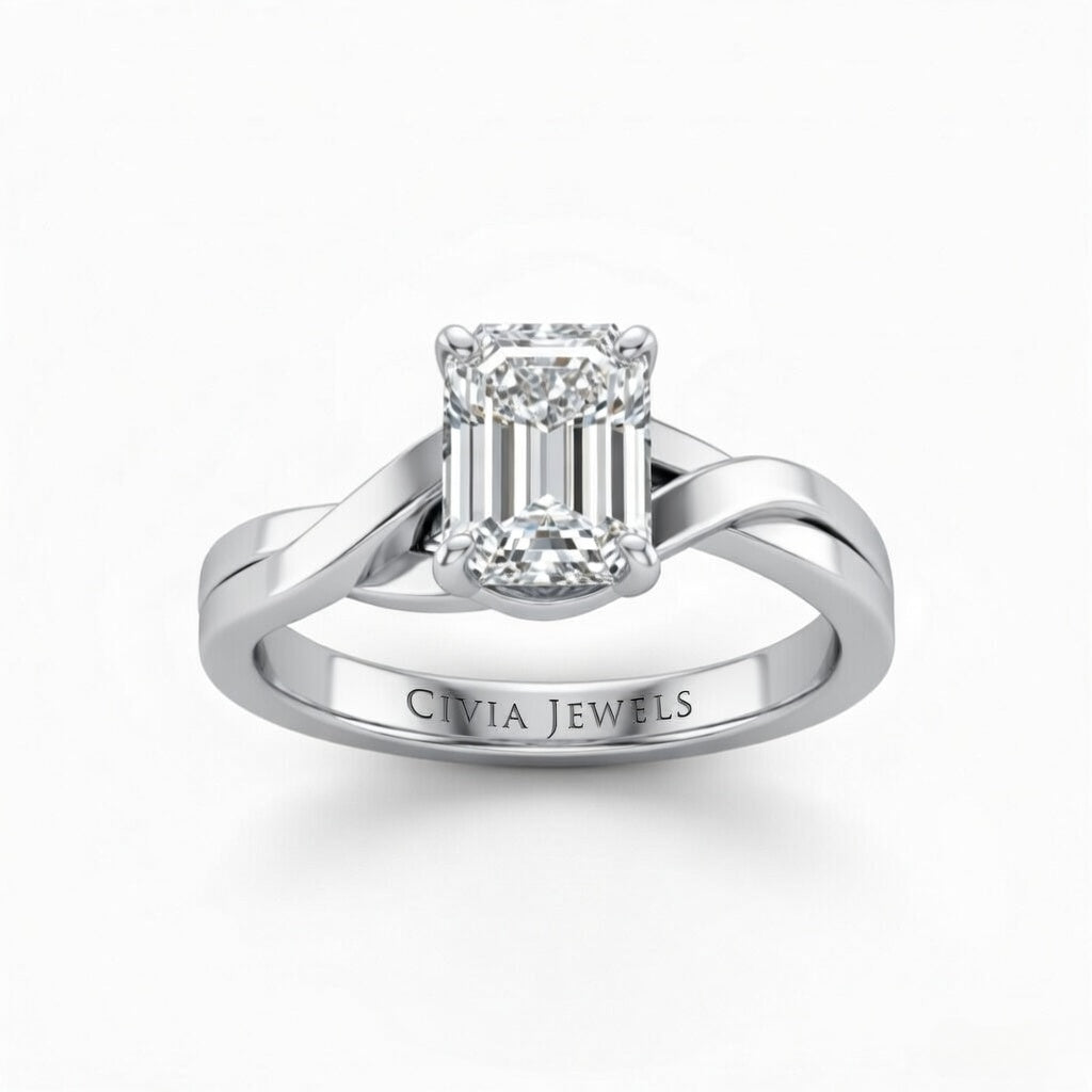 White Gold Emerald Brilliant Solitaire Engagement Ring With Elegant Split Twist Shank