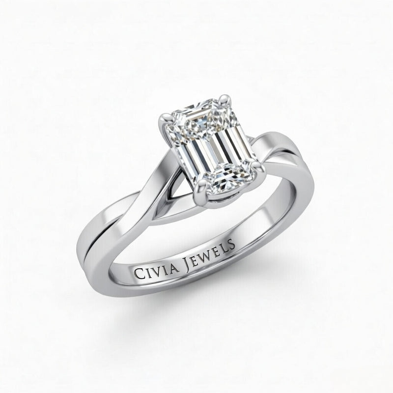 White Gold Emerald Brilliant Solitaire Engagement Ring With Elegant Split Twist Shank
