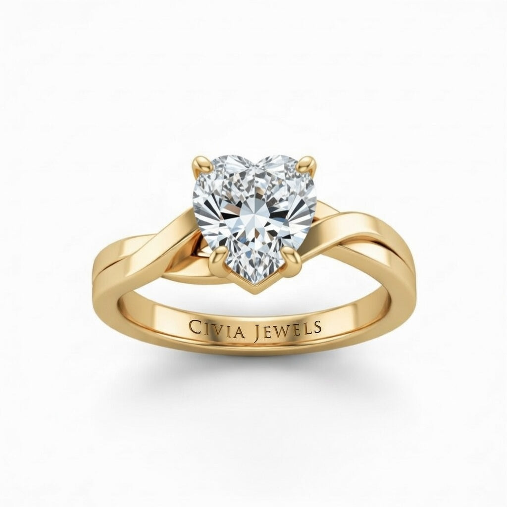 Yellow Gold Heart Brilliant Solitaire Engagement Ring With Elegant Split Twist Shank