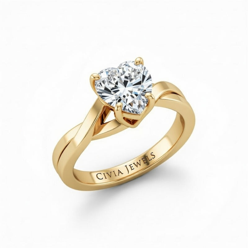 Yellow Gold Heart Brilliant Solitaire Engagement Ring With Elegant Split Twist Shank