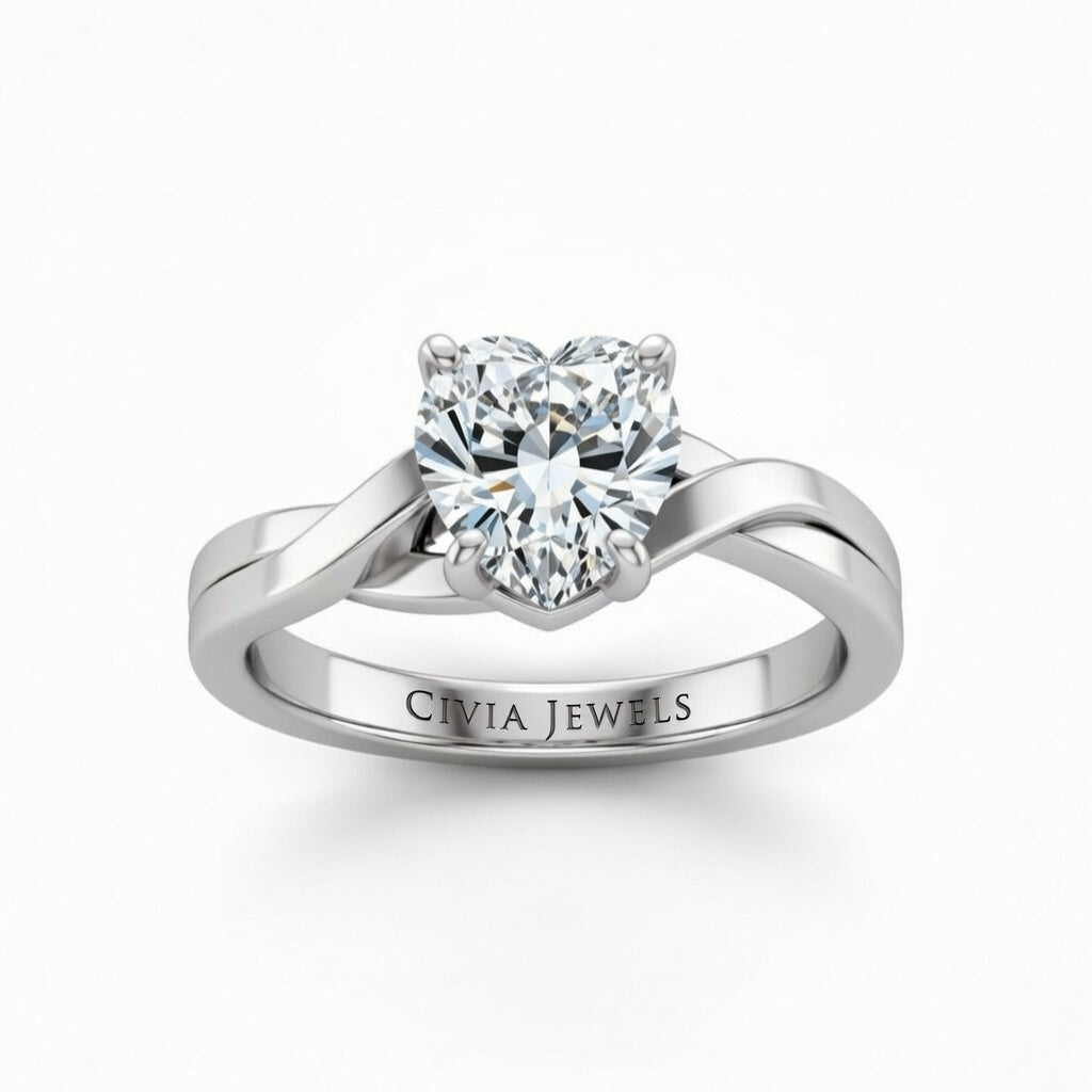 White Gold Heart Brilliant Solitaire Engagement Ring With Elegant Split Twist Shank