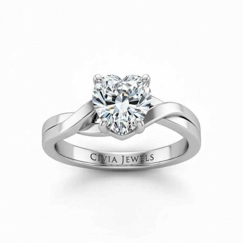 Silver Heart Brilliant Solitaire Engagement Ring With Elegant Split Twist Shank