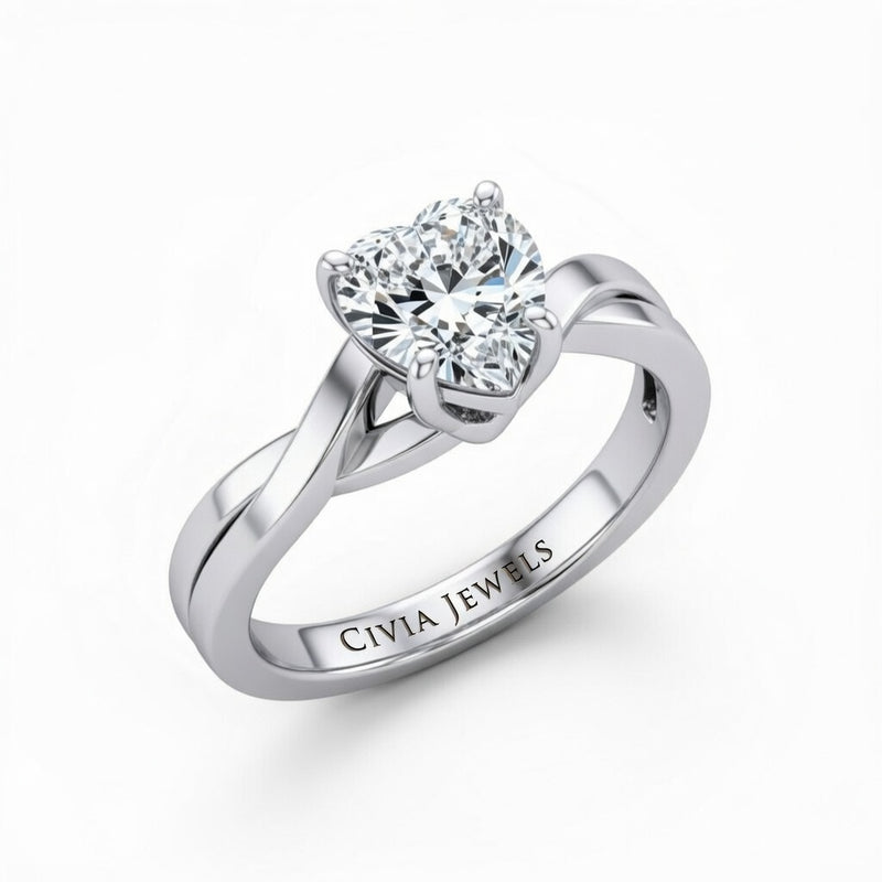 White Gold Heart Brilliant Solitaire Engagement Ring With Elegant Split Twist Shank