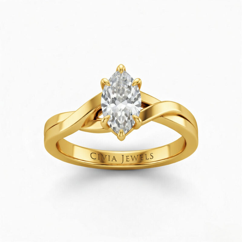 Yellow Gold Marquise Brilliant Solitaire Engagement Ring With Elegant Split Twist Shank