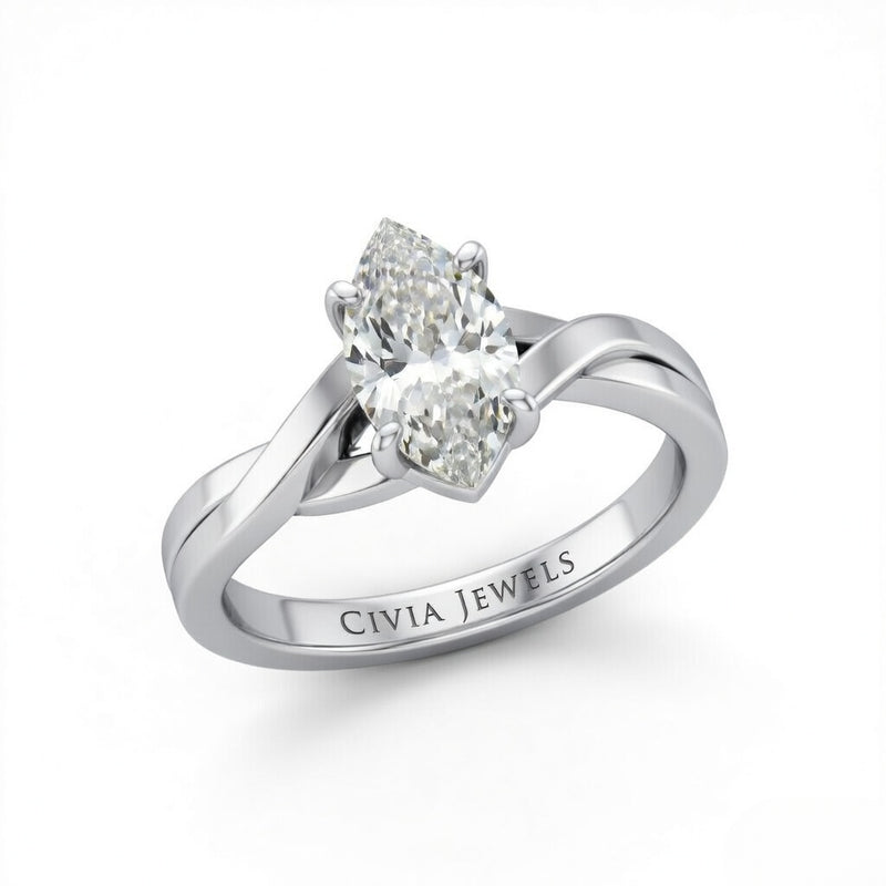 Silver Marquise Brilliant Solitaire Engagement Ring With Elegant Split Twist Shank