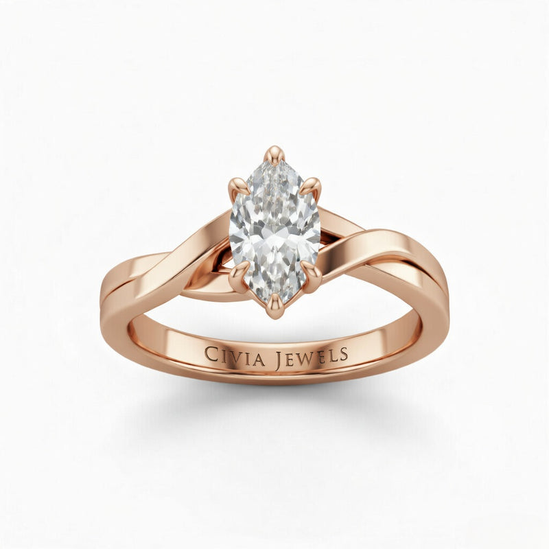 Rose Gold Marquise Brilliant Solitaire Engagement Ring With Elegant Split Twist Shank