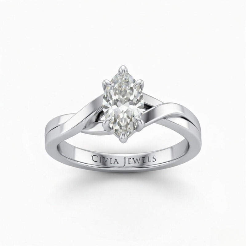White Gold Marquise Brilliant Solitaire Engagement Ring With Elegant Split Twist Shank