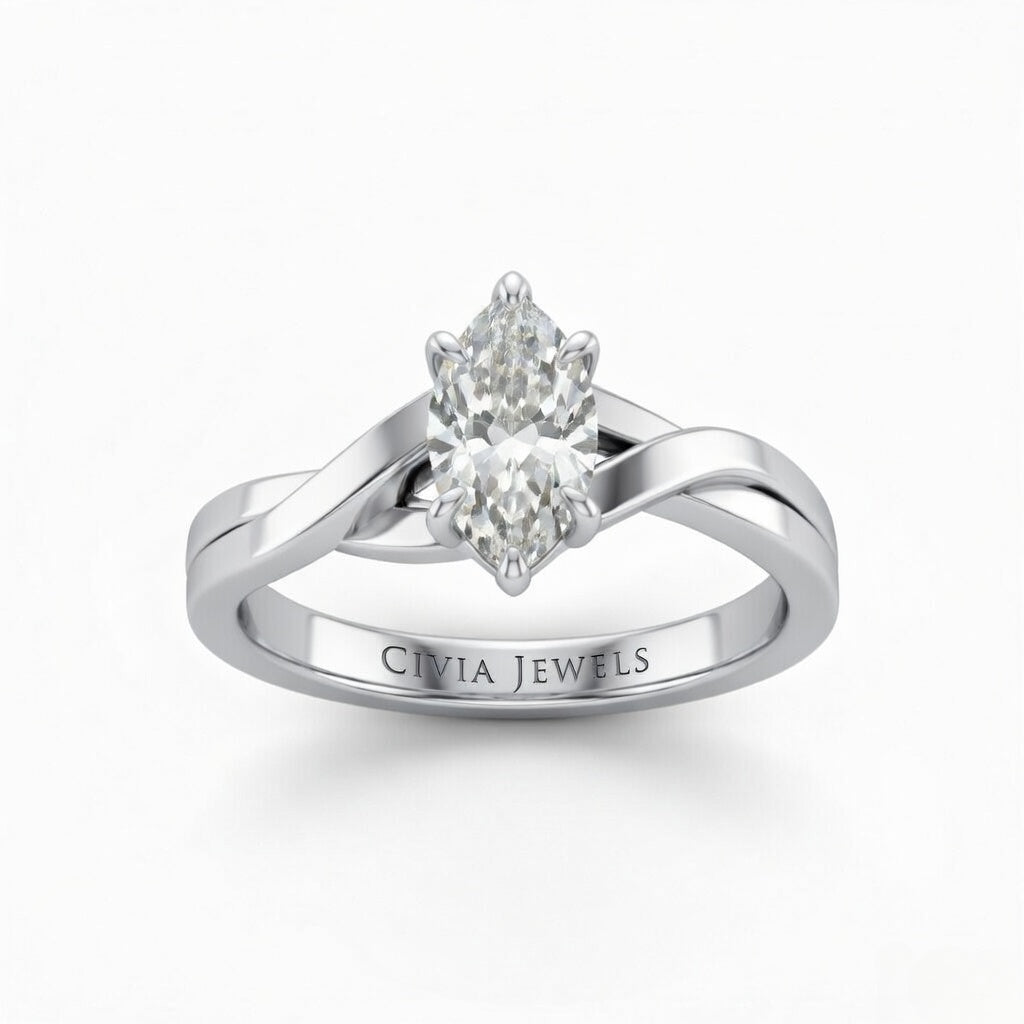 White Gold Marquise Brilliant Solitaire Engagement Ring With Elegant Split Twist Shank
