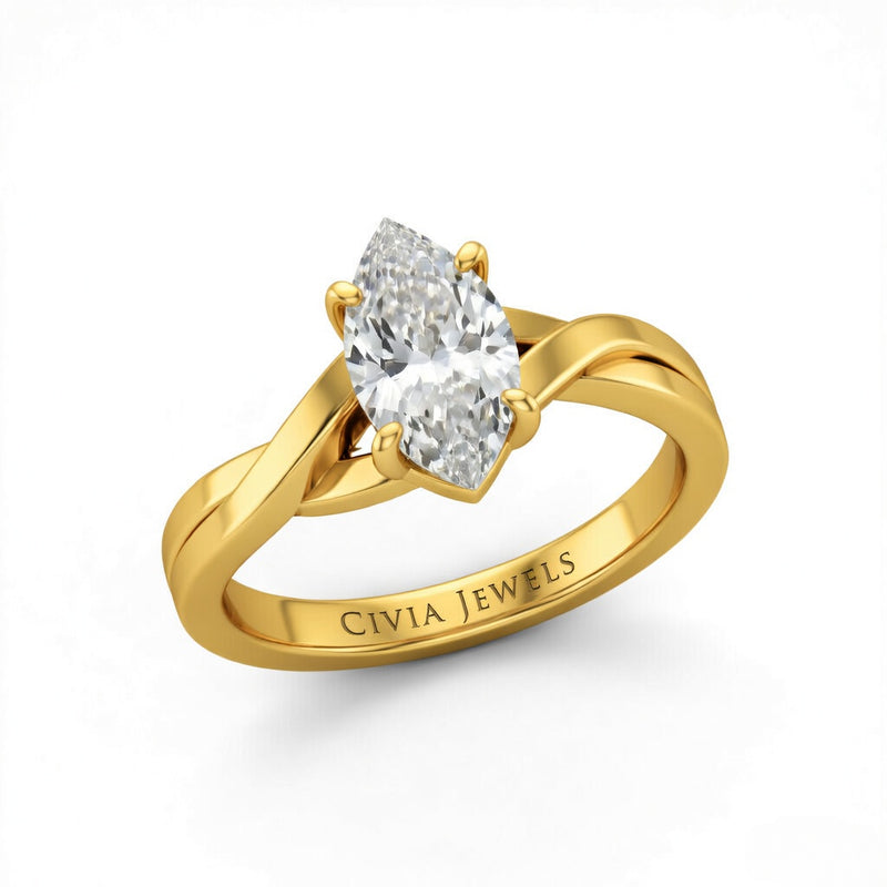 Yellow Gold Marquise Brilliant Solitaire Engagement Ring With Elegant Split Twist Shank