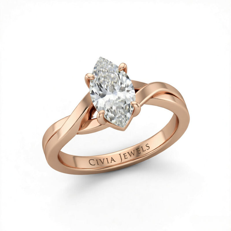 Rose Gold Marquise Brilliant Solitaire Engagement Ring With Elegant Split Twist Shank